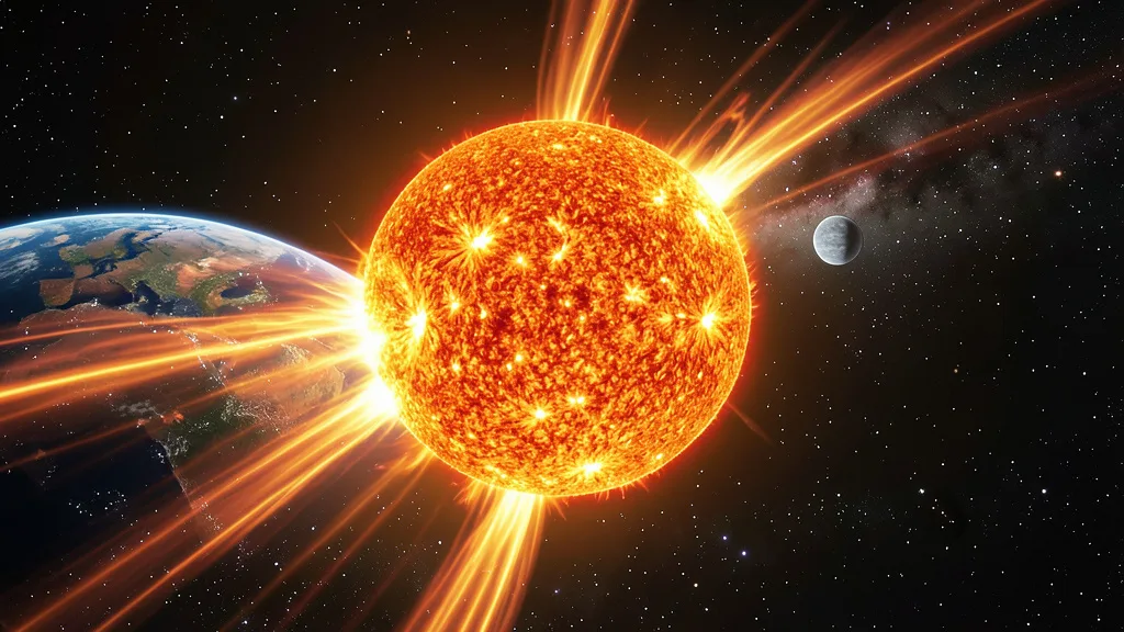 Ejeção de plasma saindo do Sol em direção ao espaço, com a Terra ao fundo.