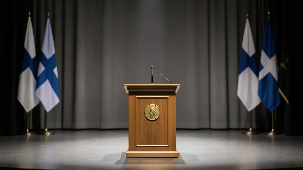 Imagem gerada por IA: Medalha dourada em um púlpito preparado para o anúncio do Nobel da Paz em Oslo.