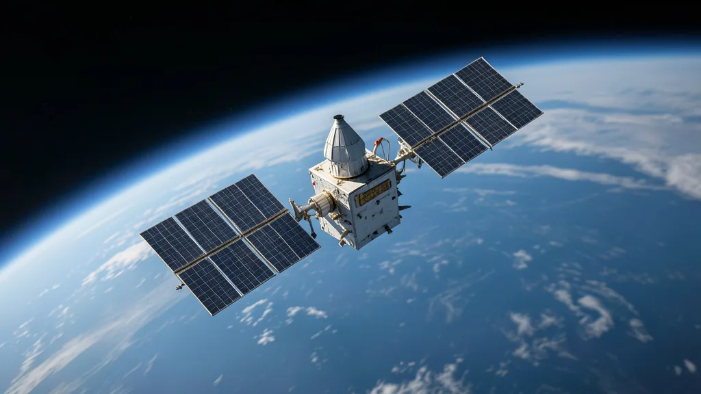 Satélite de comunicação em órbita baixa sobre a curvatura da Terra.