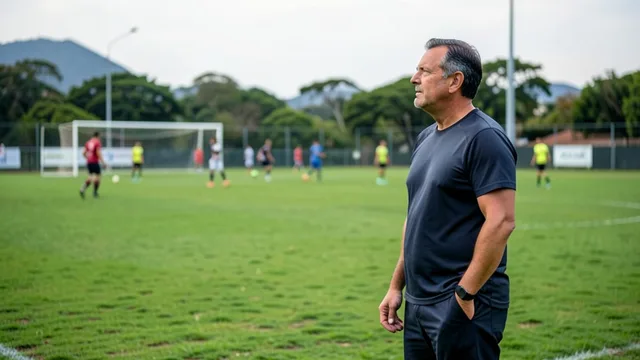 Imagem gerada por IA: Treinador observa um treino em um campo de futebol.