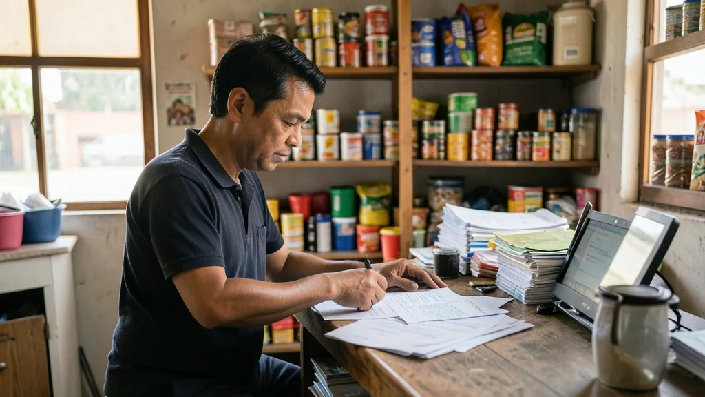 Imagem gerada por IA: Empreendedor organiza produtos e documentos no balcão de um pequeno comércio.