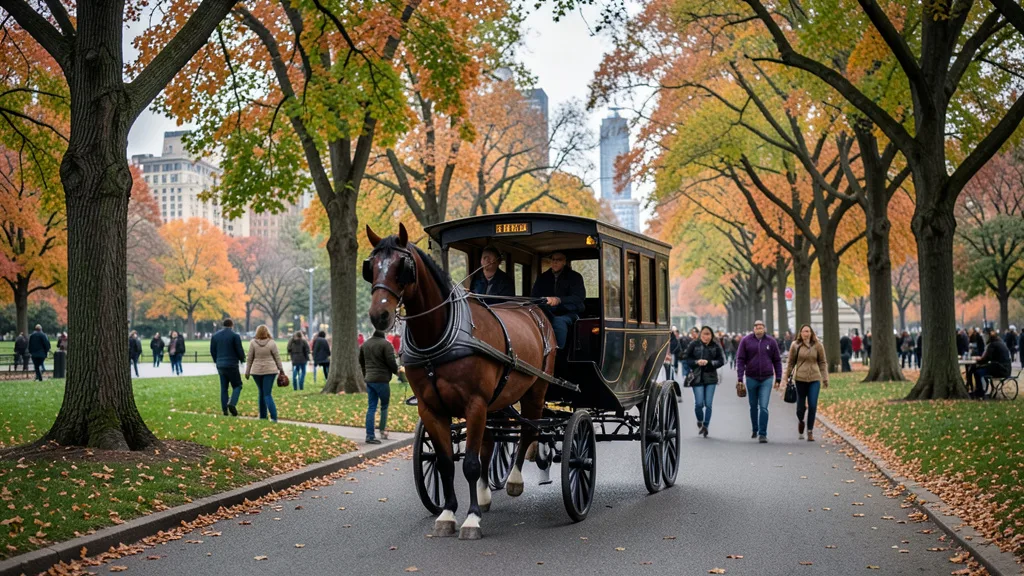 Imagem gerada por IA: Carruagem puxada por cavalos percorre uma alameda arborizada no Central Park.