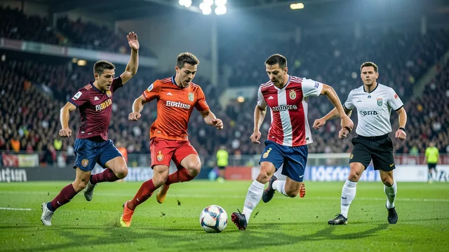 Imagem gerada por IA: Jogadores disputam a bola durante uma partida de futebol, com o árbitro acompanhando a jogada.
