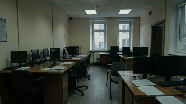 Imagem gerada por IA: Redação vazia com computadores desligados e cadeiras afastadas das mesas.