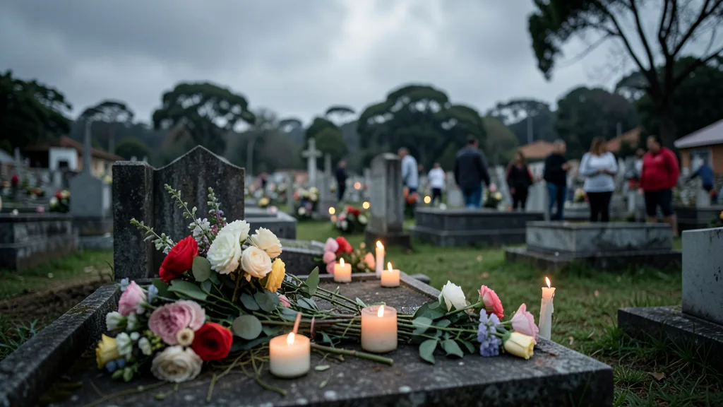 Imagem gerada por IA: Flores e velas sobre túmulos em um cemitério, em homenagem aos mortos.