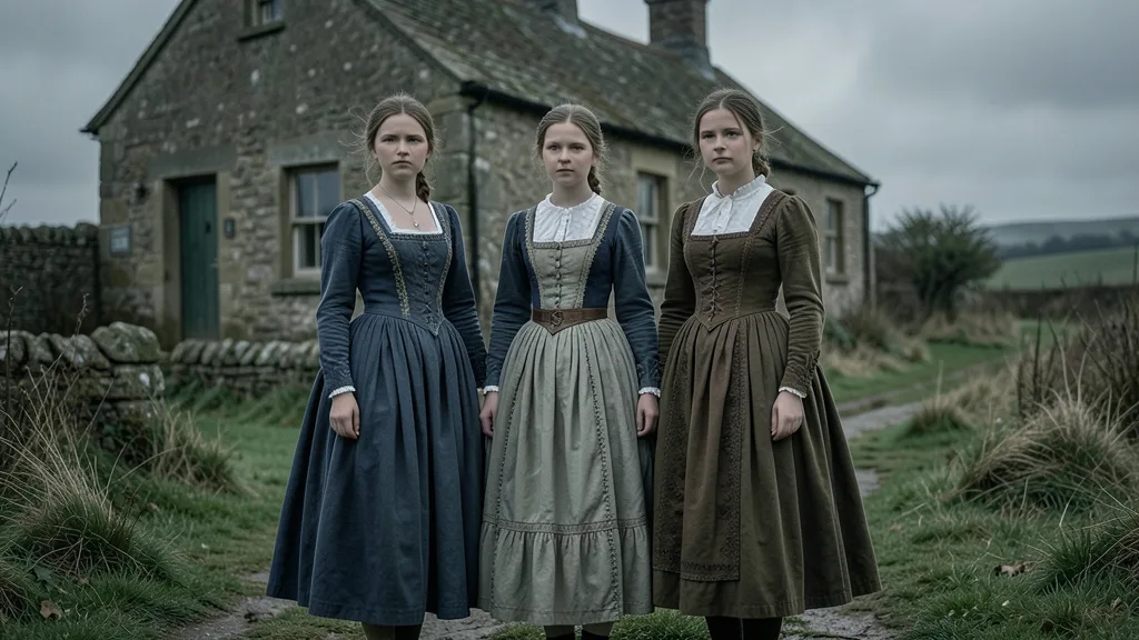 Imagem gerada por IA: Três irmãs com roupas de época diante de um chalé no campo inglês.