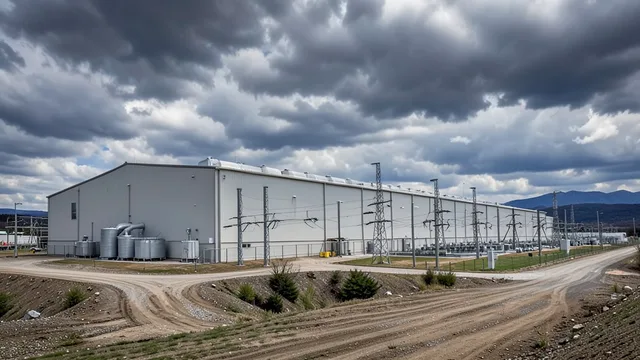Imagem gerada por IA: Edifício de data center com equipamentos de refrigeração e infraestrutura elétrica.