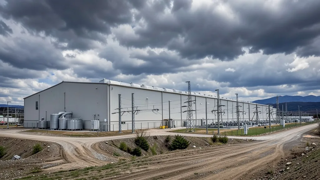 Imagem gerada por IA: Edifício de data center com equipamentos de refrigeração e infraestrutura elétrica.