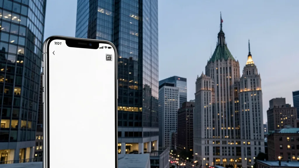 Edifícios do distrito financeiro de Nova York e um celular com uma interface bancária genérica.