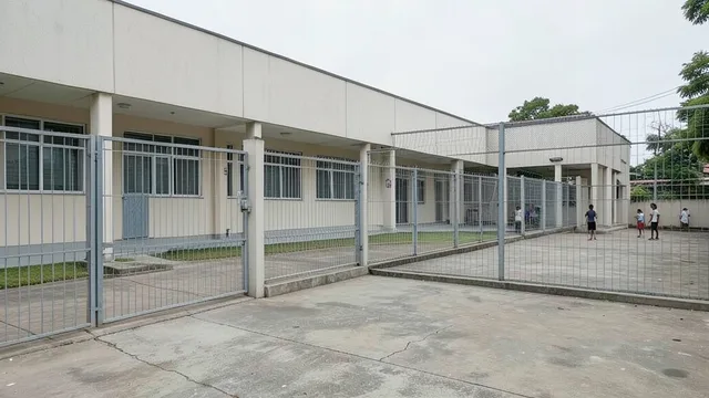 Imagem gerada por IA: Área externa de uma unidade socioeducativa, com prédios institucionais e cercas.
