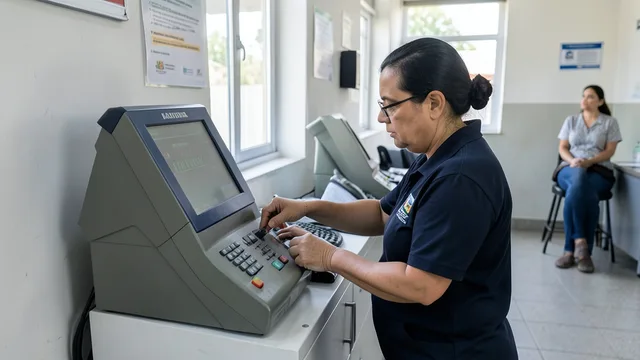 Imagem gerada por IA: Urna eletrônica em uma seção eleitoral, com mesário conferindo o equipamento e eleitor ao fundo.