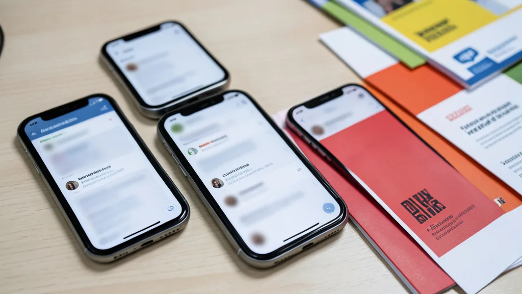 Imagem gerada por IA: Celulares com interfaces genéricas de canais de mensagens sobre uma mesa, em referência à comunicação política digital.