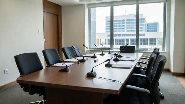 Imagem gerada por IA: Sala de reunião institucional com mesa, microfones e cadeiras vazias.