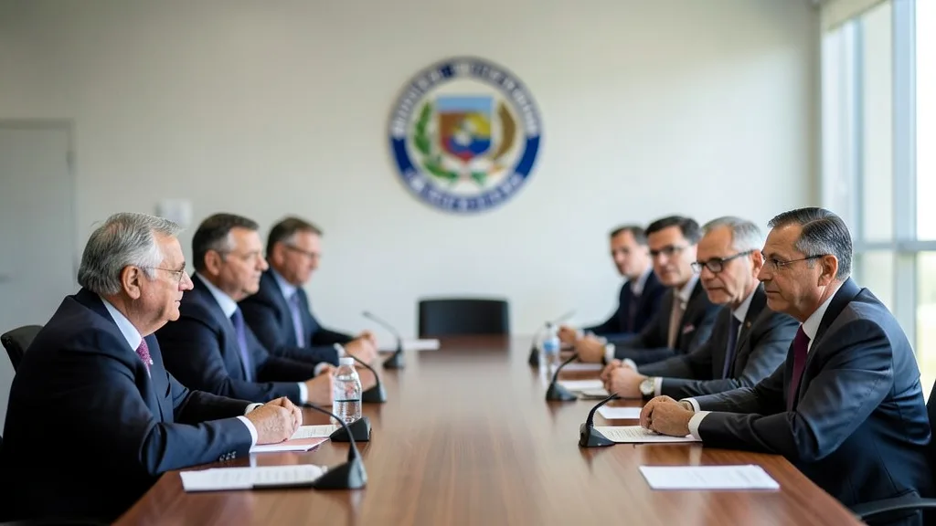 Observadores eleitorais internacionais participam de reunião em um ambiente institucional no Brasil.