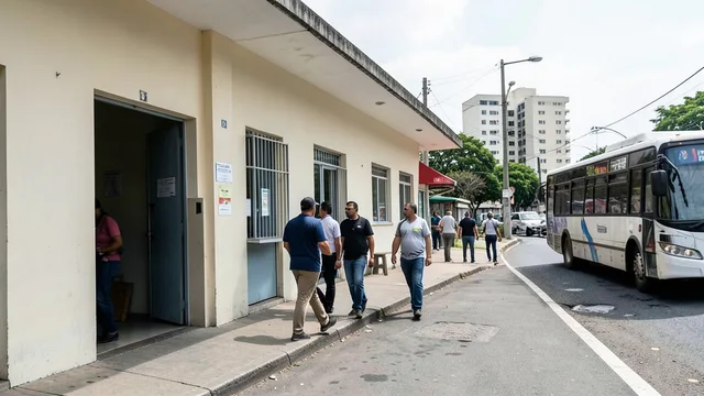 Imagem gerada por IA: Eleitores caminham em direção a uma seção de votação, com um ônibus ao fundo.