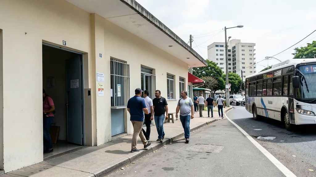 Imagem gerada por IA: Eleitores caminham em direção a uma seção de votação, com um ônibus ao fundo.