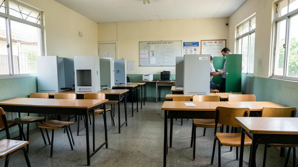 Imagem gerada por IA: Cabines de votação em uma seção eleitoral preparada para receber eleitores.