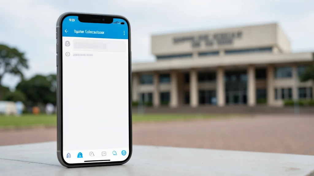 Imagem gerada por IA: Celular com interface genérica de mensagens diante de um prédio institucional em Brasília.