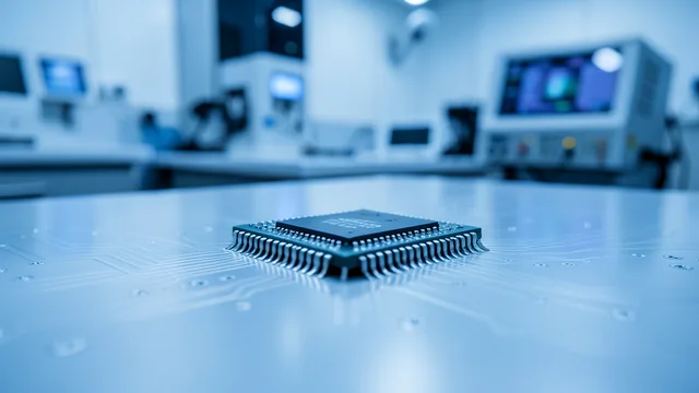 Chip de semicondutores sobre uma bancada em laboratório de tecnologia.