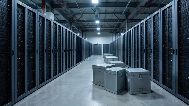 Imagem gerada por IA: Caixas de equipamentos diante de servidores em um centro de dados.