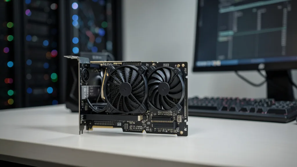 Imagem gerada por IA: Placa de vídeo de alto desempenho ao lado de uma estação de trabalho, com um data center ao fundo.