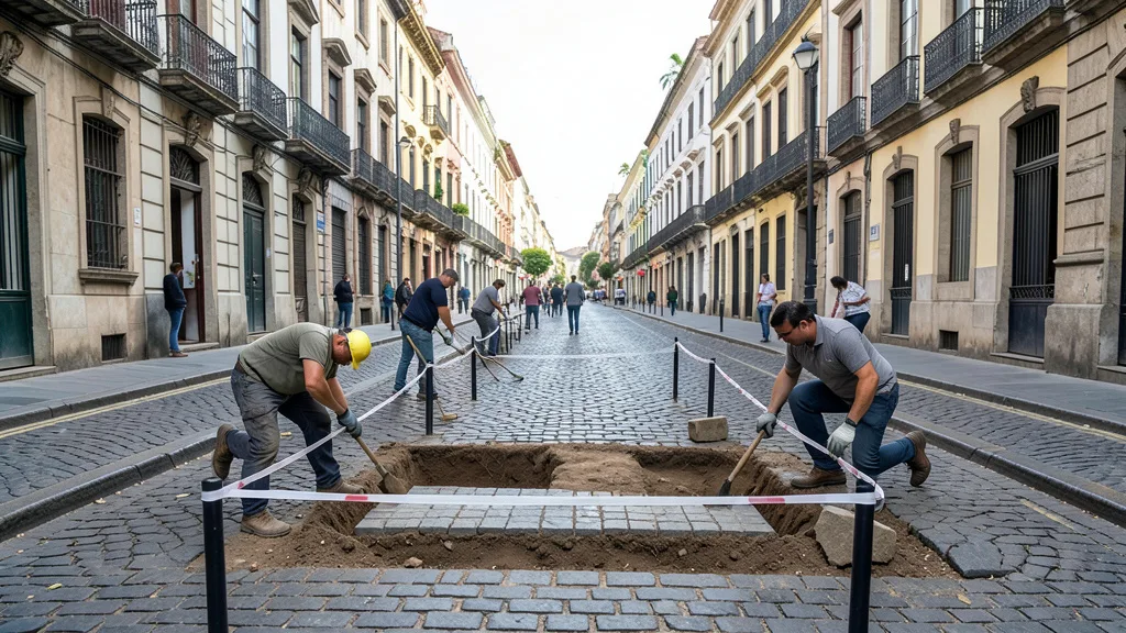 Imagem gerada por IA: Área de escavação arqueológica isolada em uma rua da Liberdade, em São Paulo.