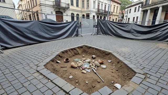 Imagem gerada por IA: Área isolada de uma rua da Liberdade durante obras arqueológicas, com solo exposto e materiais de proteção.