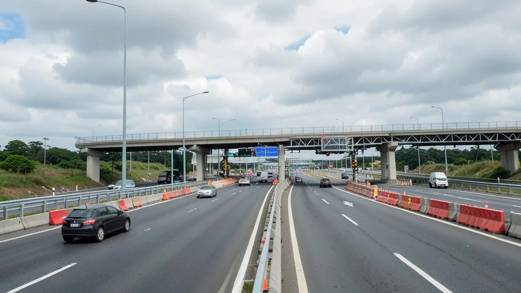 Imagem gerada por IA: Rodovia paranaense com praça de pedágio e viaduto ao fundo.