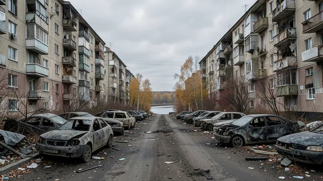 Imagem gerada por IA: Rua de Oleshki com carros queimados e edifícios residenciais danificados ao fundo.