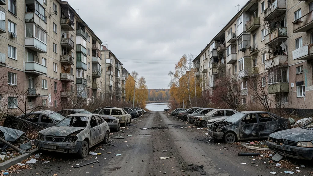 Imagem gerada por IA: Rua de Oleshki com carros queimados e edifícios residenciais danificados ao fundo.