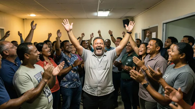 Imagem gerada por IA: Candidato genérico comemora com apoiadores em uma sede de campanha durante a apuração eleitoral.