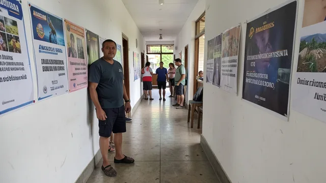 Imagem gerada por IA: Eleitor em corredor de local de votação em Manaus, com cartazes de campanha ao fundo.