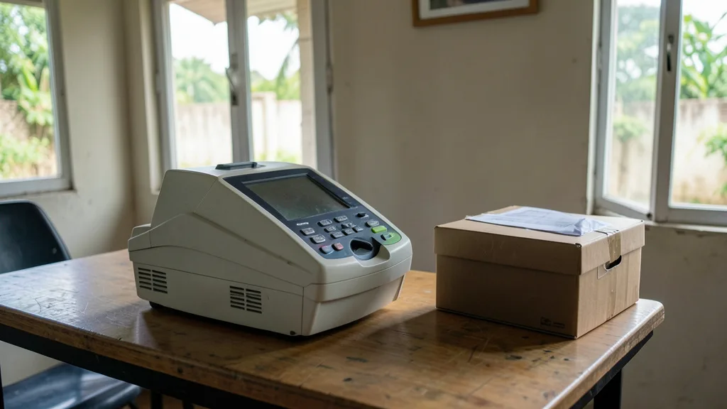 Imagem gerada por IA: Urna eletrônica em uma seção eleitoral preparada para a votação.