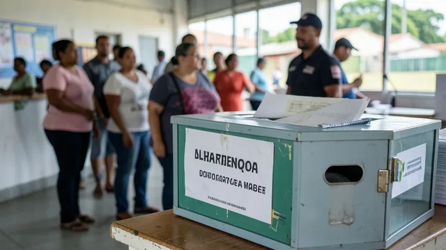Imagem gerada por IA: Urna eletrônica em seção eleitoral com eleitores ao fundo.