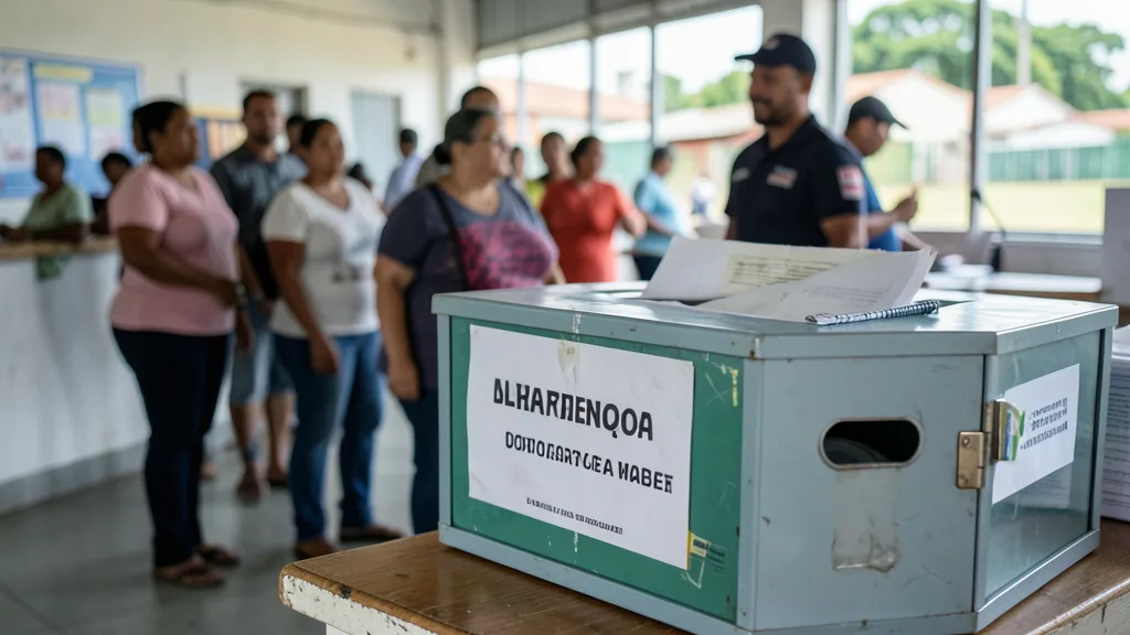 Imagem gerada por IA: Urna eletrônica em seção eleitoral com eleitores ao fundo.