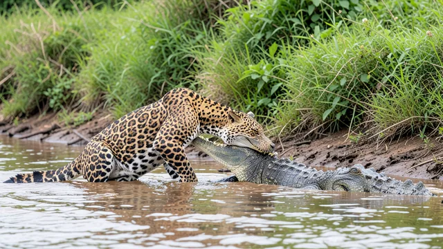 Imagem gerada por IA: Onça-pintada ataca um jacaré na margem de um rio cercado pela vegetação do Pantanal.
