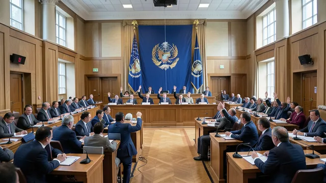 Imagem gerada por IA: Delegados participam de uma votação na Assembleia Geral da ONU.