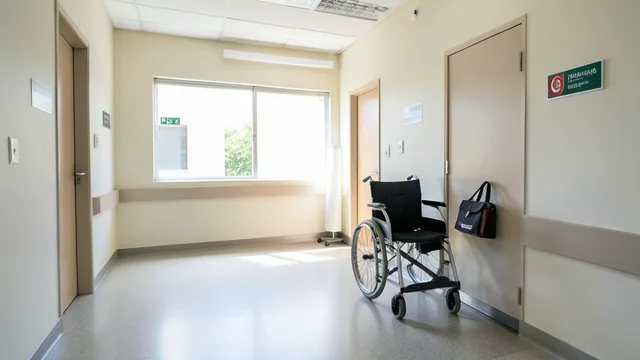 Imagem gerada por IA: Corredor de hospital de reabilitação com cadeira de rodas perto de uma janela.
