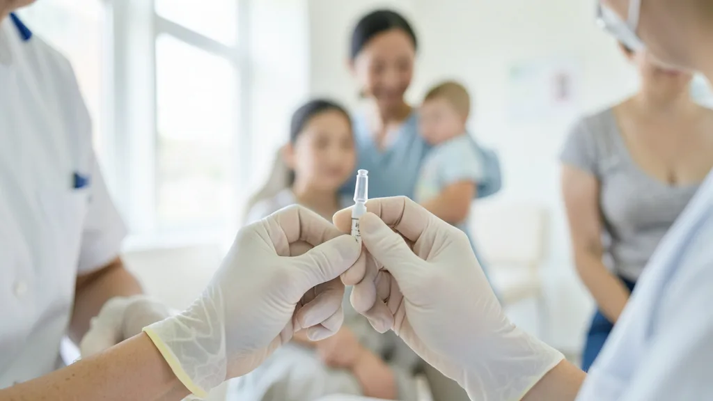 Imagem gerada por IA: Profissional de saúde prepara uma vacina em clínica, com uma família ao fundo.