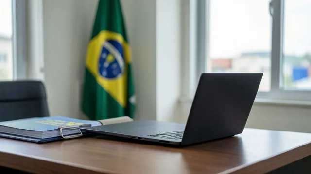Imagem gerada por IA: Laptop fechado sobre uma mesa em um escritório da Polícia Federal, com pastas e uma bandeira do Brasil ao fundo.