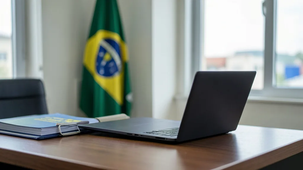 Imagem gerada por IA: Laptop fechado sobre uma mesa em um escritório da Polícia Federal, com pastas e uma bandeira do Brasil ao fundo.