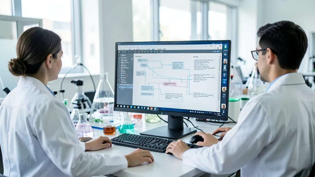 Imagem gerada por IA: Pesquisadores em um laboratório analisam etapas de um projeto de desenvolvimento de medicamentos.