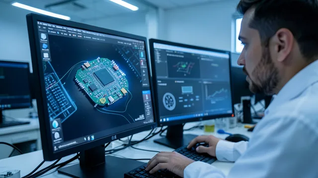 Engenheiro analisa o projeto de um chip em uma estação de trabalho de laboratório.