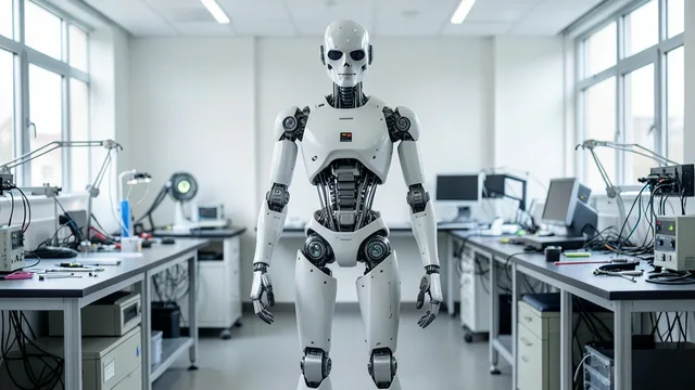 Imagem gerada por IA: Protótipo de robô humanoide em um laboratório de robótica.