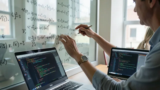 Imagem gerada por IA: Anotações matemáticas em um quadro ao lado de um laptop aberto em um escritório de pesquisa.