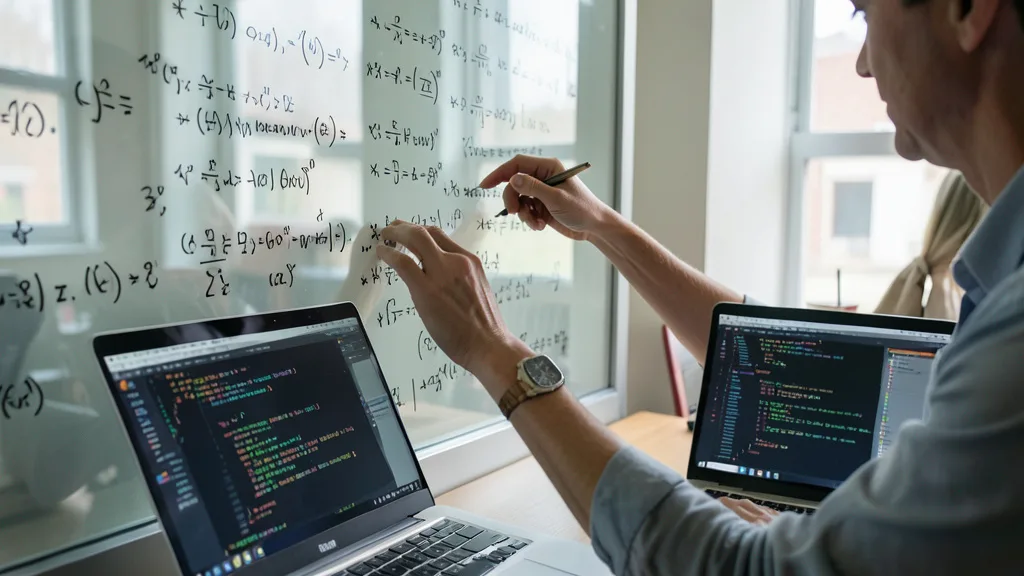 Imagem gerada por IA: Anotações matemáticas em um quadro ao lado de um laptop aberto em um escritório de pesquisa.