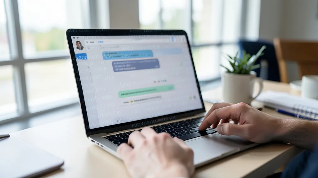 Imagem gerada por IA: Laptop com interface de conversa por IA e padrão sutil que representa uma marca d’água invisível em textos.
