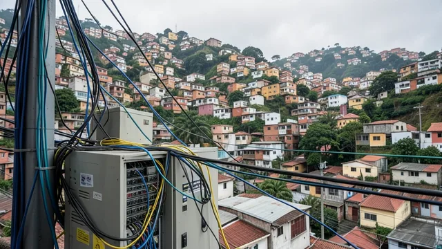 Imagem gerada por IA: Cabos de fibra óptica e caixa de distribuição em uma comunidade urbana do Rio de Janeiro.
