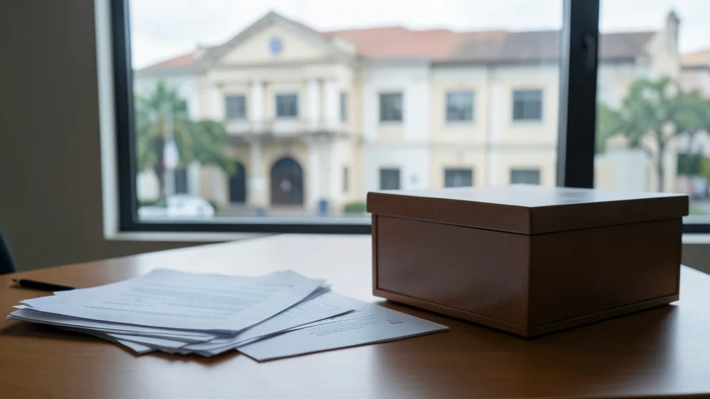 Imagem gerada por IA: Documentos em uma mesa de escritório municipal, com um prédio público desfocado ao fundo.