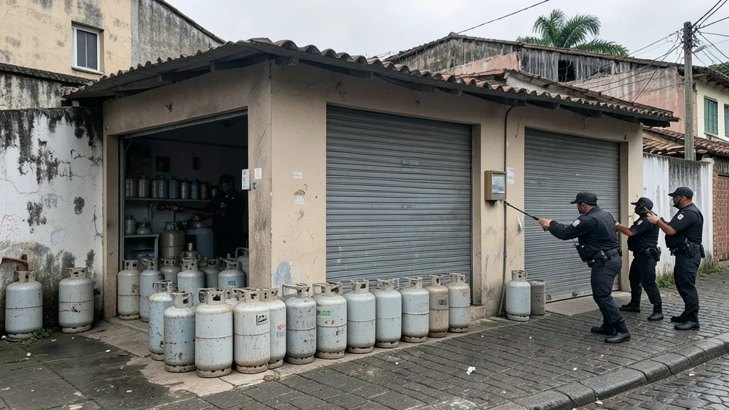 Imagem gerada por IA: Policiais fazem buscas em uma revendedora de gás com botijões na entrada.